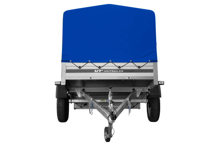 Jednonápravový přívěs s hliníkovými bočnicemi 200x125 Unitrailer Garden 201 KIPP ALU s rámem H-800 a modrým krytem