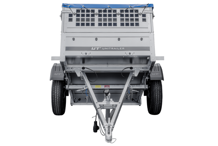 Přívěs Garden Trailer 150 KIPP s síťovanými bočnicemi a modrou plachtou