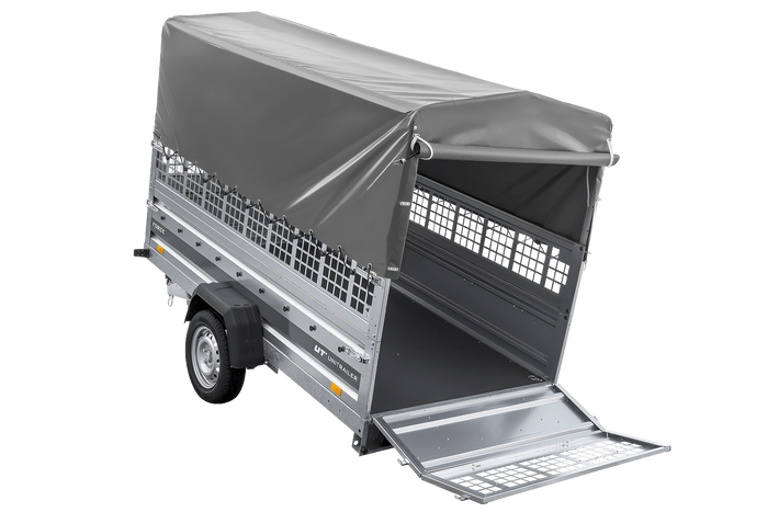 Přívěs za auto na pružinách 264x125 UNITRAILER FORCE 264/R KIPP s pletivovými bočnicemi, rámem H-800 a šedým krytem