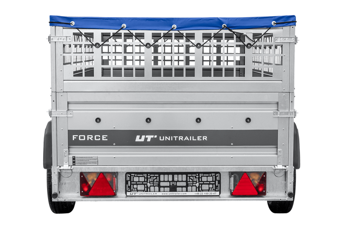Lehký přívěs na pružinách 230x125 UNITRAILER FORCE 230/R KIPP s pletivovými bočnicemi, rámem H-0 a modrým krytem