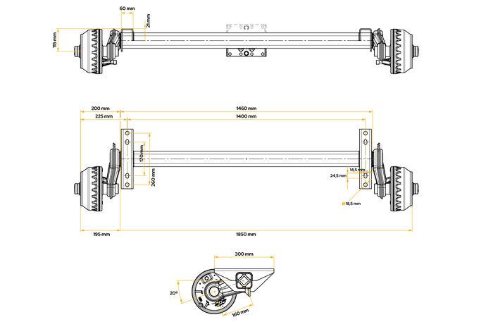 Brzděná náprava KNOTT VGB15M/MV pro přívěs/nosič 1500 kg 1400 mm 1850 mm 5x112