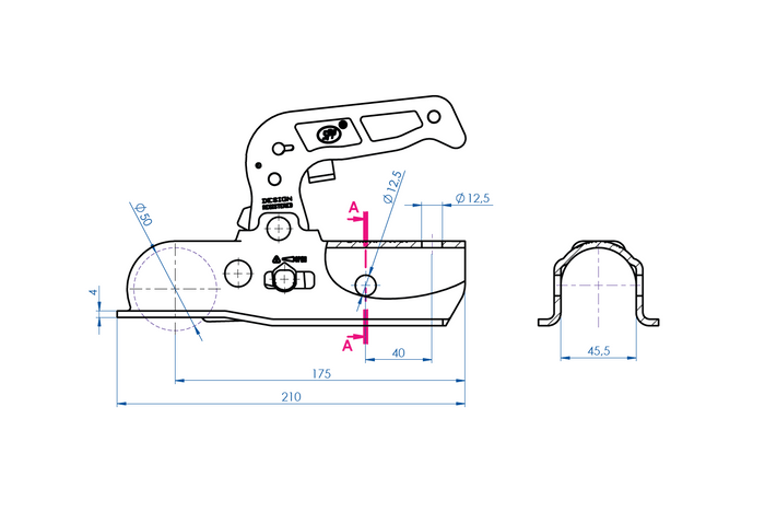 Kulové tažné zařízení STEELPRESS BC-1700A pro přívěs o hmotnosti 1700 kg s trubkovou ojí o průměru 45 mm