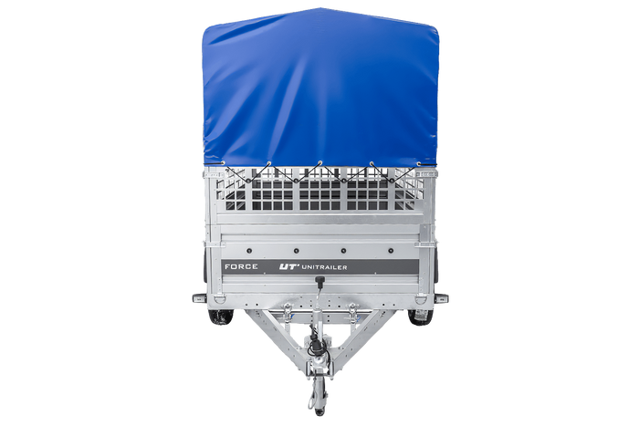 Jednonápravový přívěs 230x125 UNITRAILER FORCE 230 KIPP s pletivovými bočnicemi, rámem H-0 a modrým krytem