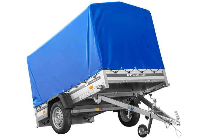 Přívěs za auto s hliníkovými bočnicemi 230x125 Unitrailer Garden 230 KIPP ALU s rámem H1100 a modrým krytem