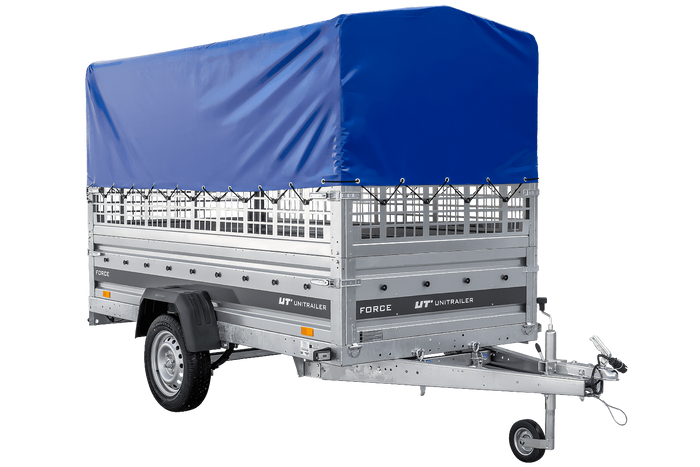 Přívěs za auto na pružinách 264x125 UNITRAILER FORCE 264/R KIPP s pletivovými bočnicemi, rámem H-800 a modrým krytem