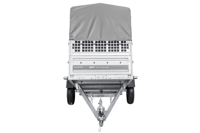 Jednonápravový přívěs 230x125 UNITRAILER FORCE 230 KIPP s pletivovými bočnicemi, rámem H-800 a šedým krytem