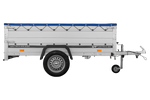 Jednonápravový přívěs s hliníkovými bočnicemi 230x125 Unitrailer Garden 230 KIPP ALU s bočnicemi BIS, rámem H-0 a modrým krytem