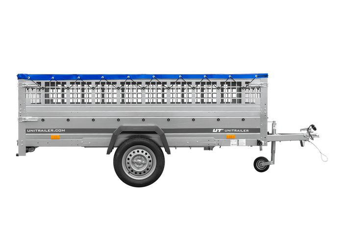 Lehký přívěs 264x150 UNITRAILER GARDEN 265 KIPP se síťovými bočnicemi, rámem H-0 a modrým krytem