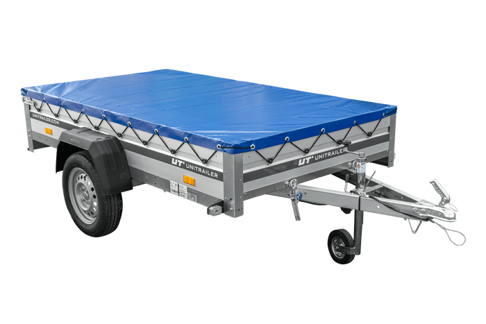 Jednonápravový přívěs s hliníkovými bočnicemi 230x125 Unitrailer Garden 230 KIPP ALU s rámem H-0 a modrým krytem