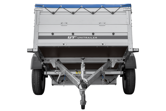 Přívěs za auto s hliníkovými bočnicemi 200x125 Unitrailer Garden 201 KIPP ALU s bočnicemi BIS, rámem H-0 a modrým krytem