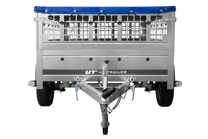 Přívěs za auto na pružinách 200x125 UNITRAILER GARDEN 201/R KIPP s pletivovými bočnicemi, rámem H-0 a modrým krytem