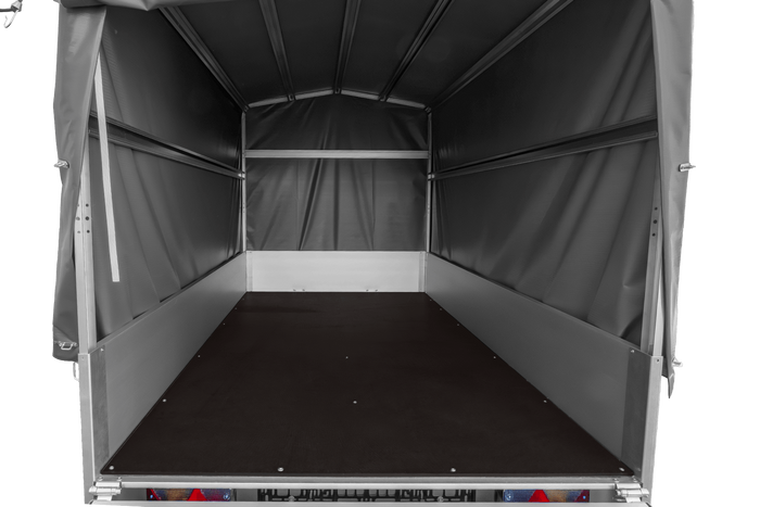 Přívěs za auto s hliníkovými bočnicemi 230x125 Unitrailer Garden 230 KIPP ALU s rámem H1100 a šedým krytem