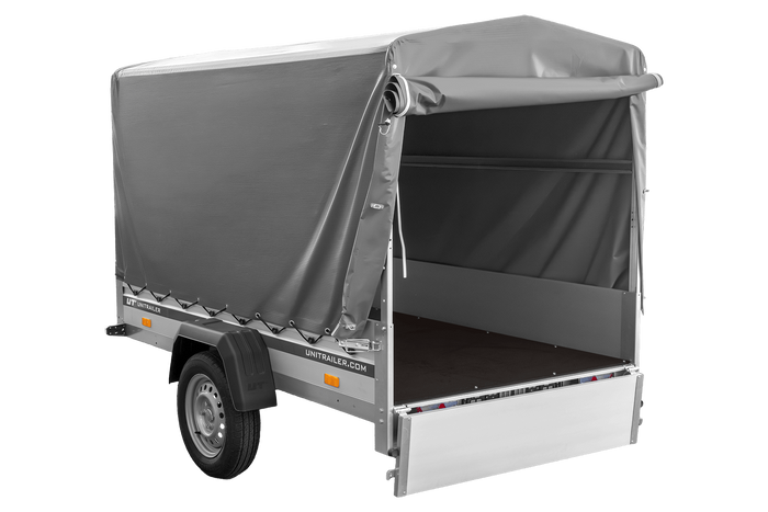 Přívěs za auto s hliníkovými bočnicemi 230x125 Unitrailer Garden 230 KIPP ALU s rámem H1100 a šedým krytem
