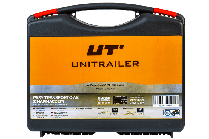 Sada čtyř oranžových přepravních pásů UNITRAILER 4m/25mm/0,68t s napínačem v kufru