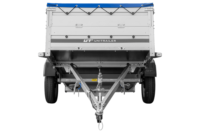 Jednonápravový přívěs s hliníkovými bočnicemi 230x125 Unitrailer Garden 230 KIPP ALU s bočnicemi BIS, rámem H-0 a modrým krytem