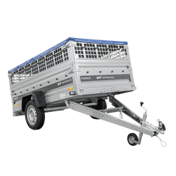 Jednonápravový přívěs 230x125 UNITRAILER FORCE 230 KIPP s pletivovými bočnicemi, rámem H-0 a modrým krytem