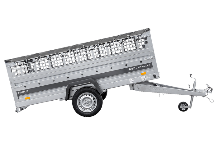Jednonápravový přívěs na pružinách 264x125 UNITRAILER FORCE 264/R KIPP s pletivovými bočnicemi, rámem H-0 a šedou plachtou
