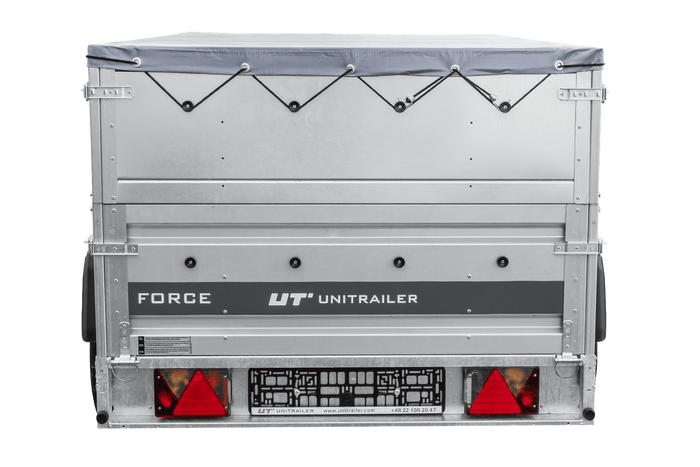 Přívěs za auto na pružinách 230x125 UNITRAILER FORCE 230/R KIPP s bočnicemi BIS, rámem H-0 a šedým krytem