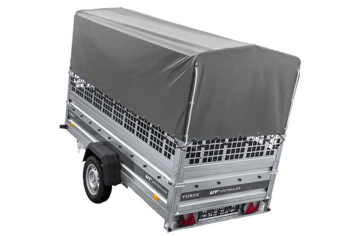 Přívěs za auto na pružinách 264x125 UNITRAILER FORCE 264/R KIPP s pletivovými bočnicemi, rámem H-800 a šedým krytem