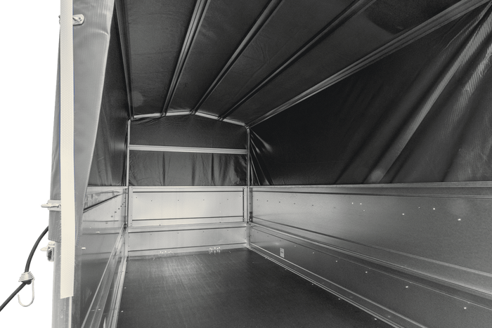 Dvounápravový přívěs 264x125 UNITRAILER GARDEN 264/2 KIPP s bočnicemi BIS, rámem H-800 a šedou plachtou