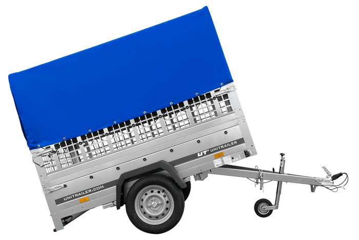 Jednonápravový přívěs na pružinách 200x125 UNITRAILER GARDEN 201/R KIPP s pletivovými bočnicemi, rámem H-800 a modrým krytem