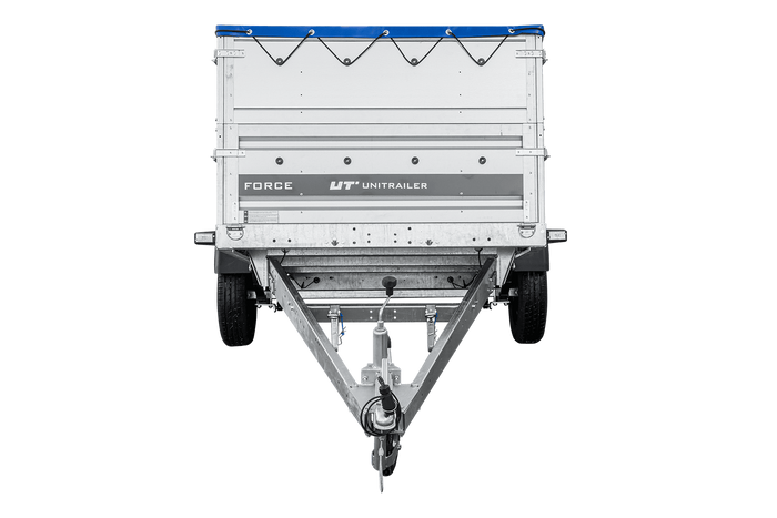 Jednonápravový přívěs na pružinách 264x125 UNITRAILER FORCE 264/R KIPP s bočnicemi BIS, rámem H-0 a modrou plachtou