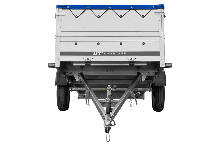 Jednonápravový přívěs na pružinách 264x125 UNITRAILER GARDEN 264/R KIPP s bočnicemi BIS, rámem H-0 a modrou plachtou