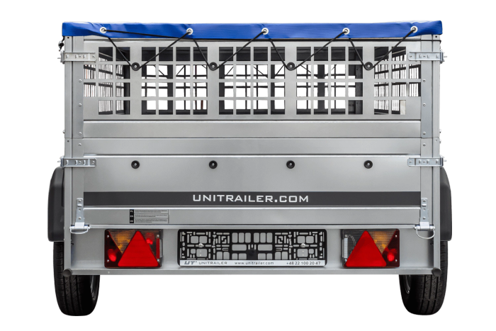 Lehký přívěs na pružinách 230x125 UNITRAILER GARDEN 230/R KIPP s pletivovými bočnicemi, rámem H-0 a modrým krytem