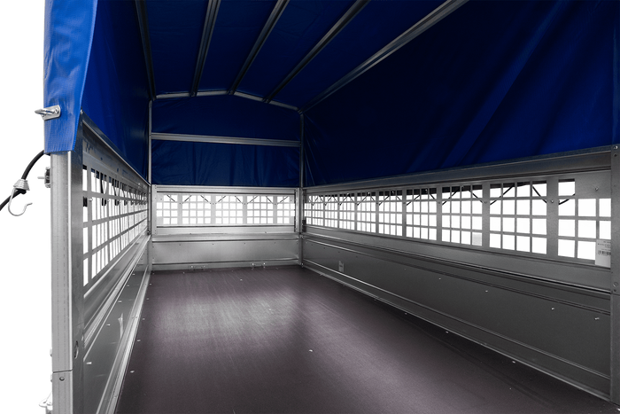 Lehký přívěs 264x125 UNITRAILER GARDEN 264 KIPP s pletivovými bočnicemi, rámem H-800 a modrým krytem