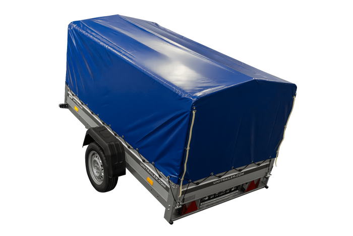 Jednonápravový přívěs s hliníkovými bočnicemi 230x125 Unitrailer Garden 230 KIPP ALU s rámem H-800 a modrým krytem