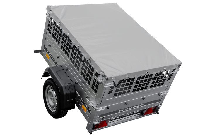 Přívěs za auto 150x106 UNITRAILER GARDEN 150 KIPP s pletivovými bočnicemi a šedou plachtou