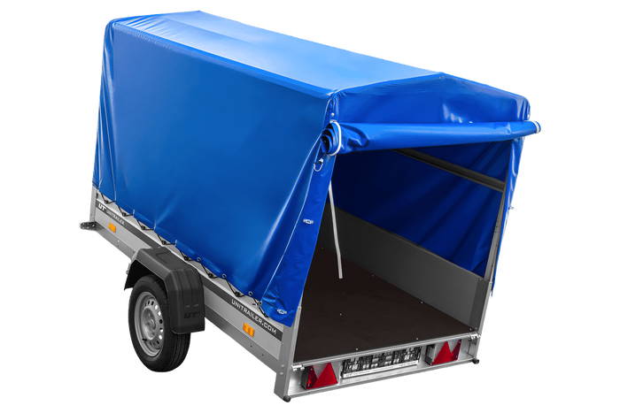 Přívěs za auto s hliníkovými bočnicemi 230x125 Unitrailer Garden 230 KIPP ALU s rámem H1100 a modrým krytem
