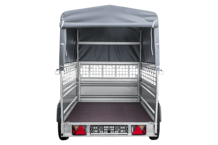 Přívěs za auto na pružinách 230x125 UNITRAILER FORCE 230/R KIPP s pletivovými bočnicemi, rámem H-800 a šedým krytem