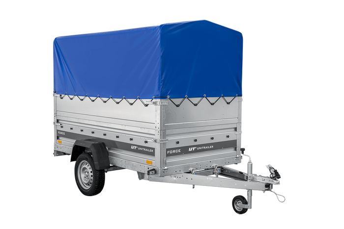 Přívěs za auto 230x125 UNITRAILER FORCE 230 KIPP s bočnicemi BIS, rámem H-800 a modrým krytem