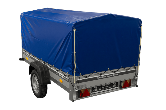 Jednonápravový přívěs s hliníkovými bočnicemi 230x125 Unitrailer Garden 230 KIPP ALU s rámem H-800 a modrým krytem