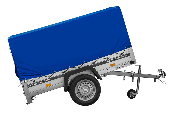 Jednonápravový přívěs s hliníkovými bočnicemi 200x125 Unitrailer Garden 201 KIPP ALU s rámem H-800 a modrým krytem