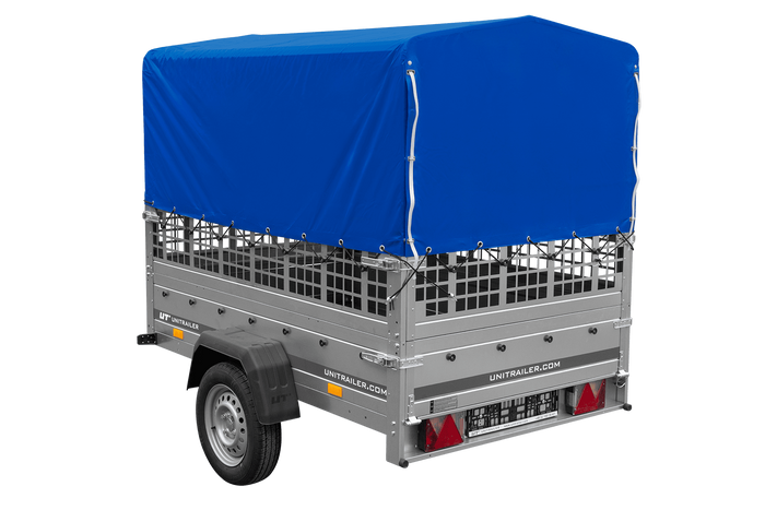 Přívěs za auto 200x125 UNITRAILER GARDEN 201 KIPP s pletivovými bočnicemi, rámem H-800 a šedou plachtou