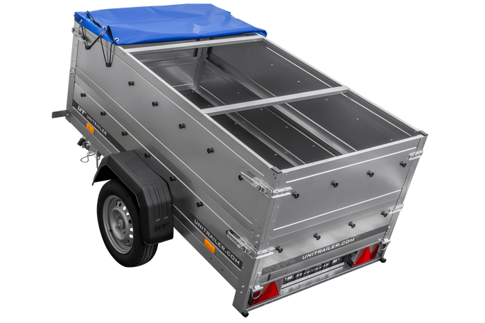 Přívěs za auto 200x106 UNITRAILER GARDEN 200 KIPP s bočnicemi BIS, rámem H-0 a modrým krytem