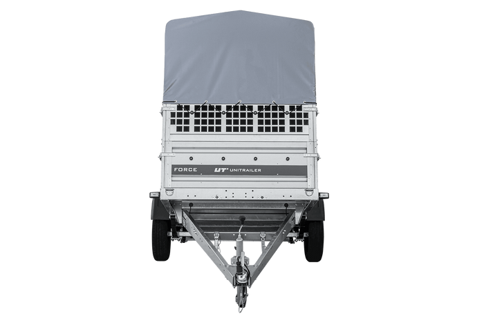 Přívěs za auto na pružinách 230x125 UNITRAILER FORCE 230/R KIPP s pletivovými bočnicemi, rámem H-800 a šedým krytem