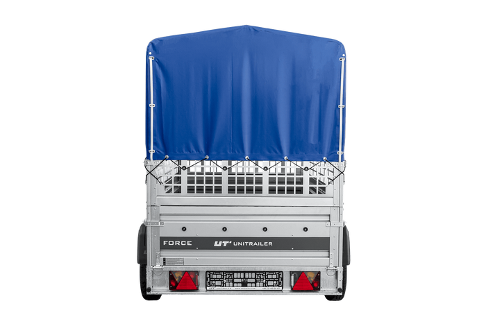 Přívěs za auto na pružinách 230x125 UNITRAILER FORCE 230/R KIPP s pletivovými bočnicemi, rámem H-800 a modrým krytem