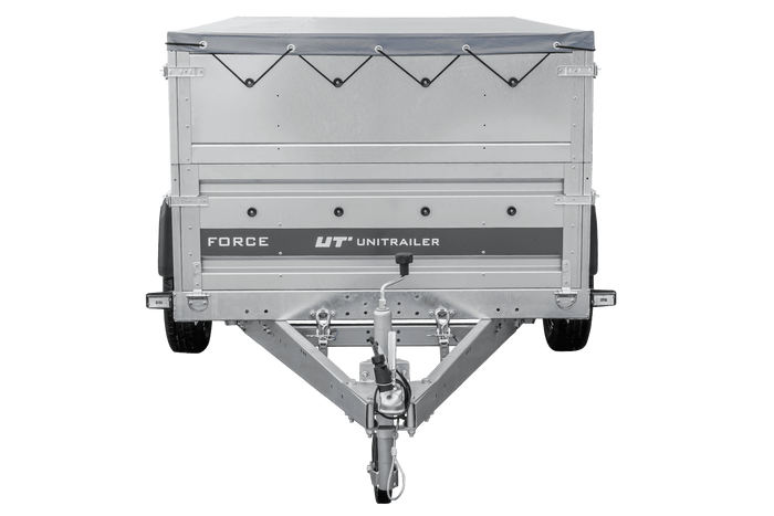 Přívěs za auto na pružinách 230x125 UNITRAILER FORCE 230/R KIPP s bočnicemi BIS, rámem H-0 a šedým krytem