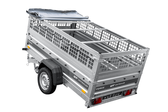 Lehký přívěs na pružinách 230x125 UNITRAILER FORCE 230/R KIPP s pletivovými bočnicemi, rámem H-0 a šedým krytem