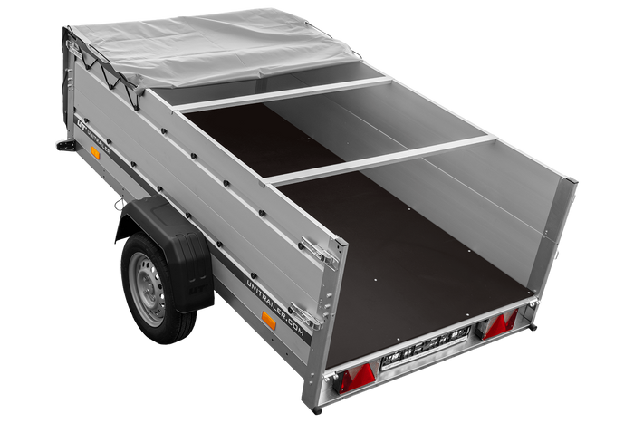 Jednonápravový přívěs s hliníkovými bočnicemi 230x125 Unitrailer Garden 230 KIPP ALU s bočnicemi BIS, rámem H-0 a šedým krytem