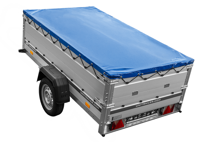 Jednonápravový přívěs s hliníkovými bočnicemi 230x125 Unitrailer Garden 230 KIPP ALU s bočnicemi BIS, rámem H-0 a modrým krytem