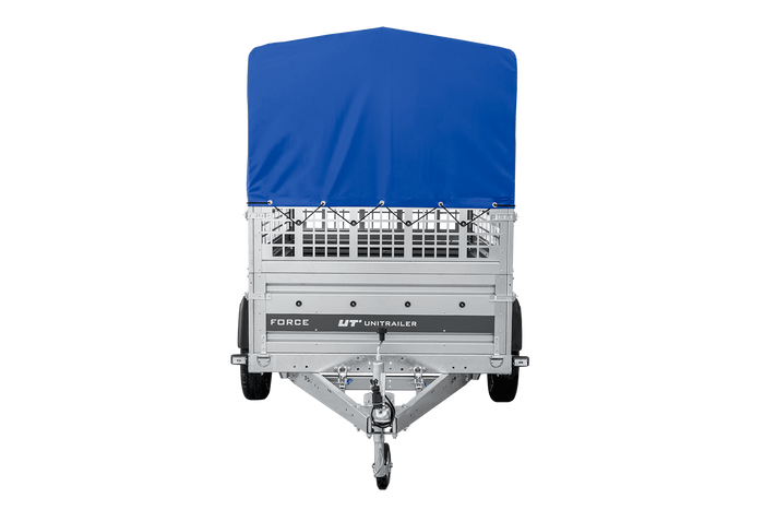 Přívěs za auto na pružinách 230x125 UNITRAILER FORCE 230/R KIPP s pletivovými bočnicemi, rámem H-800 a modrým krytem