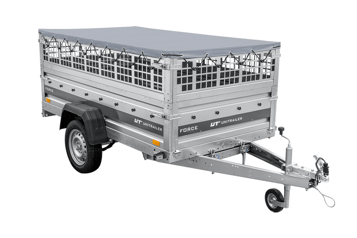 Lehký přívěs na pružinách 230x125 UNITRAILER FORCE 230/R KIPP s pletivovými bočnicemi, rámem H-0 a šedým krytem