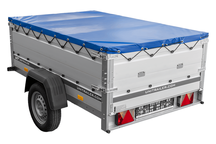Přívěs za auto s hliníkovými bočnicemi 200x125 Unitrailer Garden 201 KIPP ALU s bočnicemi BIS, rámem H-0 a modrým krytem