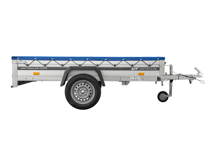 Jednonápravový přívěs s hliníkovými bočnicemi 230x125 Unitrailer Garden 230 KIPP ALU s rámem H-0 a modrým krytem