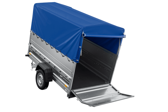Přívěs za auto 230x125 UNITRAILER FORCE 230 KIPP s bočnicemi BIS, rámem H-800 a modrým krytem