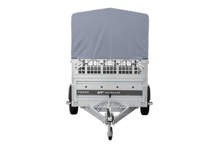 Přívěs za auto na pružinách 230x125 UNITRAILER FORCE 230/R KIPP s pletivovými bočnicemi, rámem H-800 a šedým krytem